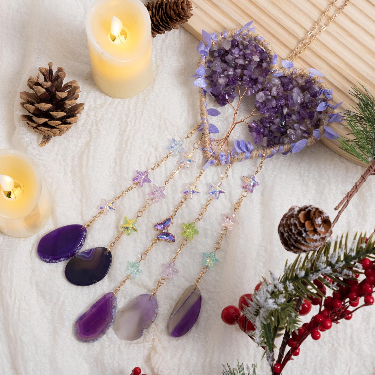Heart Crystal Suncatcher, Dreamocean Amethyst Sun Catcher for Windows Haning Decor Crystal Tree of Life Dream Catchers Wall Hangings Outdoor Garden Decor for Adults Girls