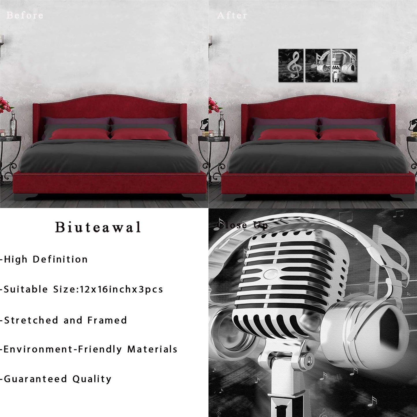 Biuteawal Music Artistic Paintings Wall Art Black White Microphone and Headset Note Picture Canvas Giclee Print Modern Home Studio Bedroom Decor Stretched and Framed Ready to Hang