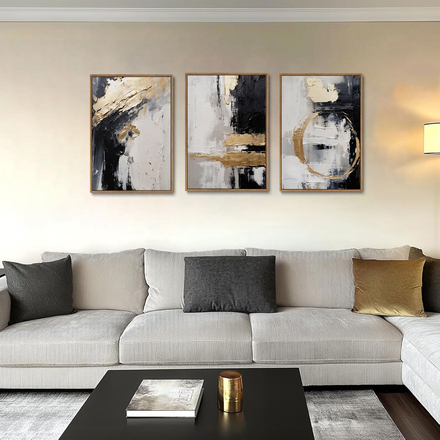 KISSFOX 3 Piece Framed Wall Art Abstract Wall Decor Black Gold Pictures Modern Canvas Art Large Luxury Paintings Artwork For Living Room Bedroom Office