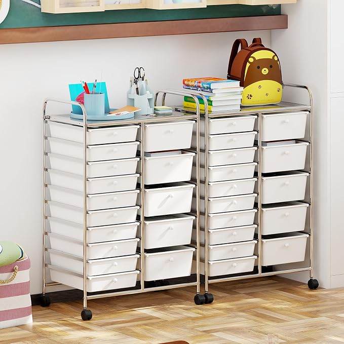 Giantex 15 Drawer Rolling Cart with Drawers, Storage Organizer Cart for Classroom Office School Teacher, Mobile Drawer Cart for Tools, Crafts, Small Printer, Ivory