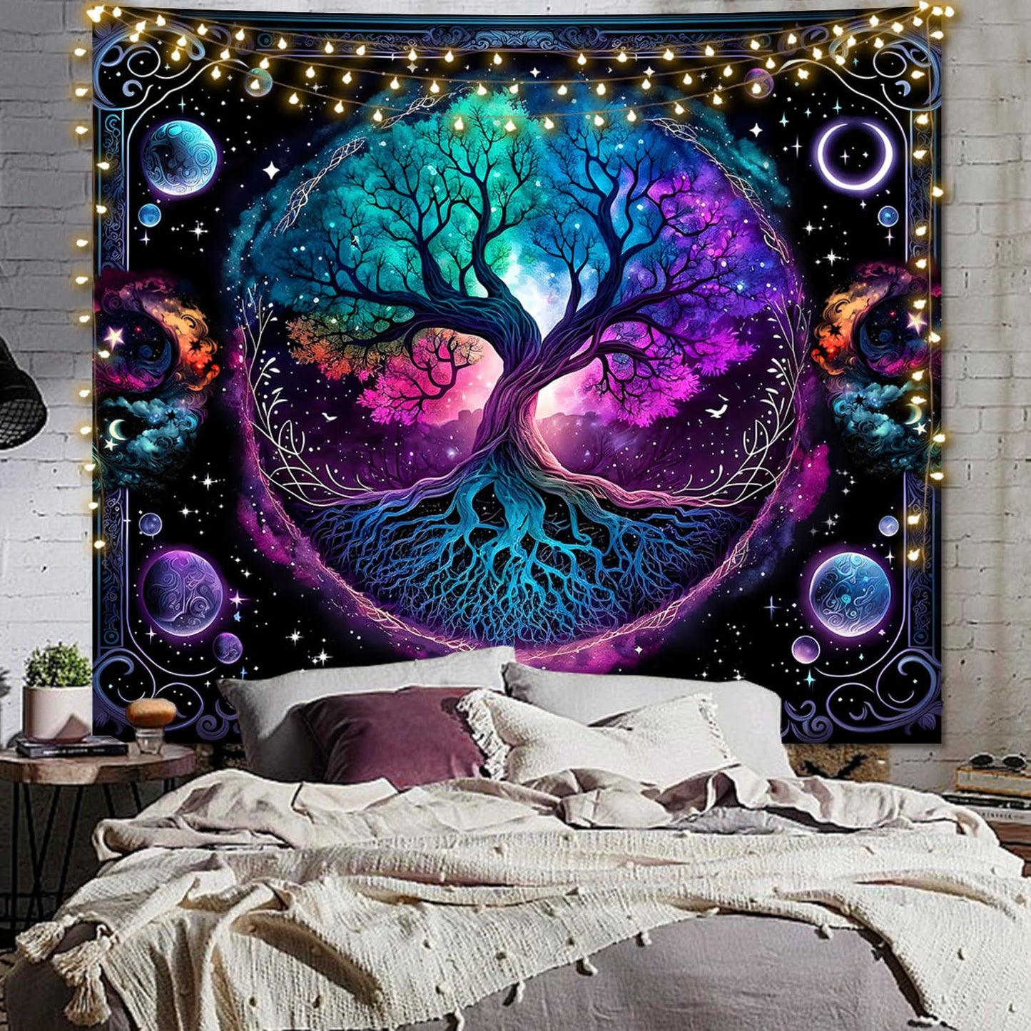 TVTLTVT Tree of Life Tapestry Sun Moon Stars Wall Hanging Boho Mandala Spiritual Wall Art Aesthetic Galaxy Wall Tapestry Nature Plant Decoration for Home Decor Bedroom Living Room Dorm Decor 59x51in