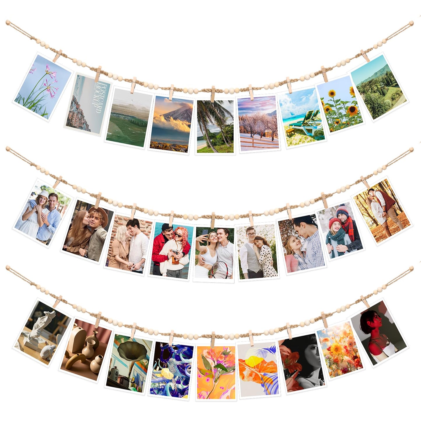 Hanging Photo Display Wall Decor, 3Pcs Boho Wooden Bead Garland Picture Banner Collage Picture Card Frame Holder with 30Clips, 24 Wooden Pegs for Bedroom, Living Room Teen Girl Gifts