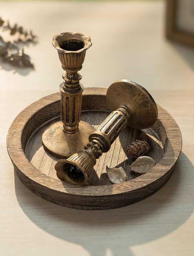 Hanobe Candle Plate Holder Tray: 7.9" Small Round Wood Decorative Candle Trays - Rustic Farmhouse CoffeeTable Decor - Candlestick Pillar Holder for Centerpiece Home Decor