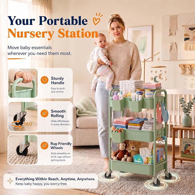 3 Tier Rolling Storage Cart Metal with Wheels, Green Baby Diaper Caddy Carts, Three Tiered Craft Cart Organizer on Wheels, Utility Roller Trolley for Art, Book, Snack, Office, Laundry, Bathroom Shelf