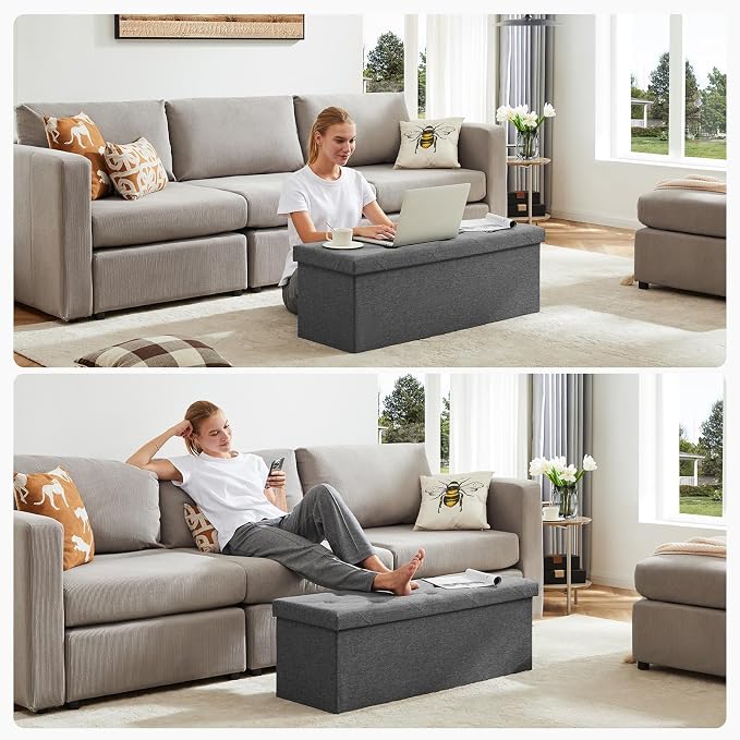 DUMOS 43 Inch Folding Storage Ottoman Bench, Large Hidden Storage Chest with Thicker Foam Padded Seat, End of Bed Foot Rest Stool for Bedroom Living Room Entryway, Load 660 lbs, Grey