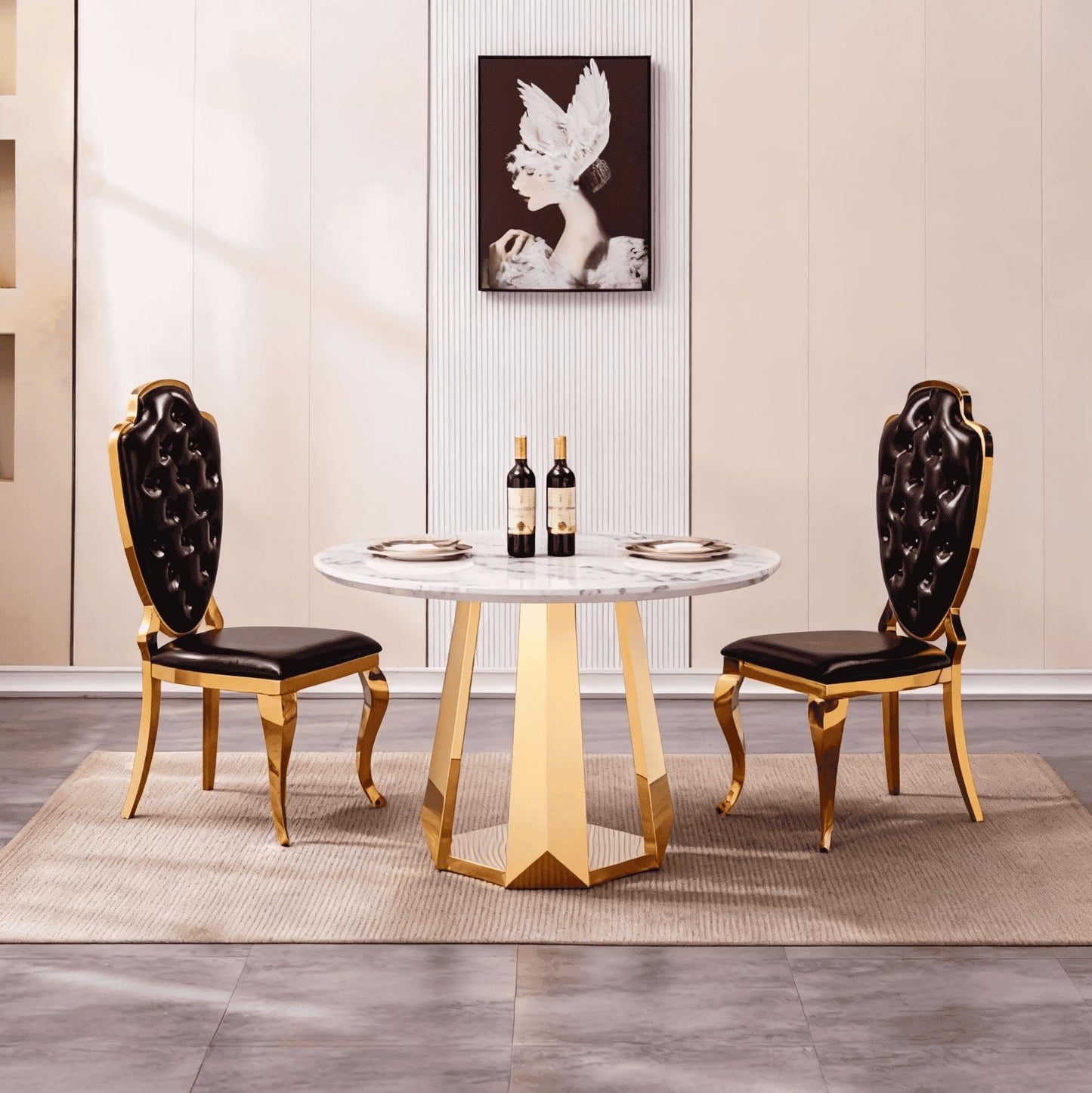 Glyph Form Round Faux Marble 47" Dining Table for 4-6, Luxury Gold Kitchen Table with Stainless Steel Base, Easy to Clean & Heavy Duty Modern Dining Room Table for Home Office, White, MDF(Table Only)