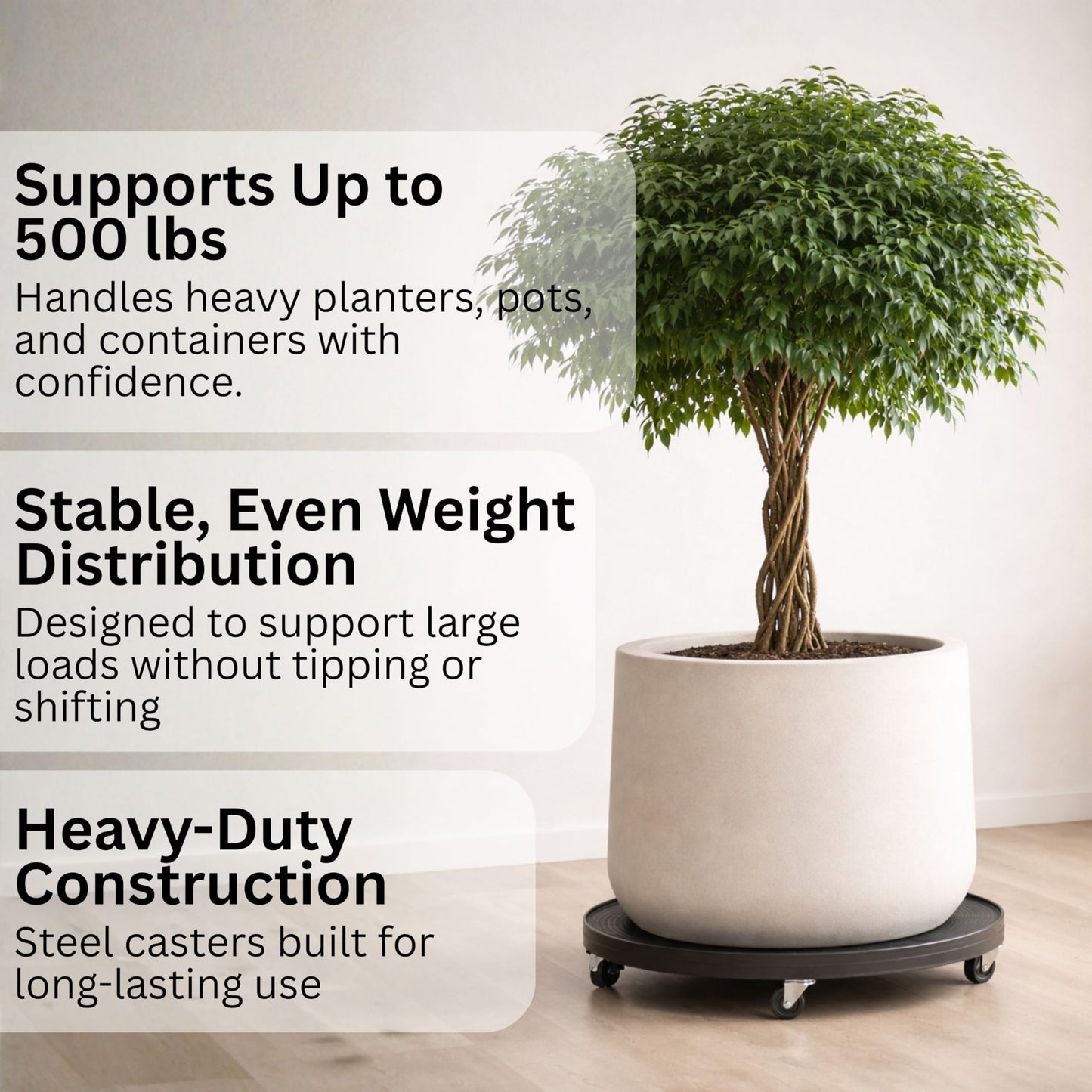 16" Rolling Plant Caddy with Wheels, Heavy Duty Plant Pot Stand with Casters & Locking Wheel, Indoor Outdoor Planter Base for Pots, Round Plant Tray, Black, Supports 500 lbs