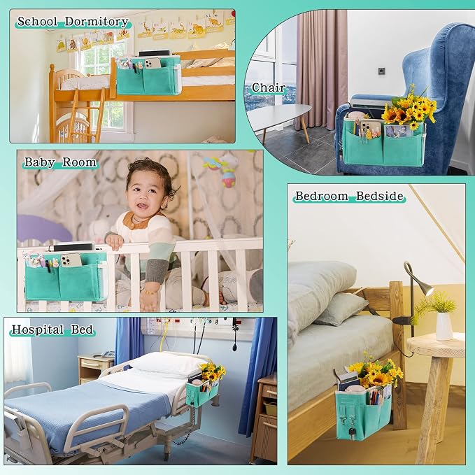 Bedside Caddy Bedside Storage Organizer Hanging Bunk Bed Dorm Room with Side Pockets for Water Bottles, Books, Cell Phones, Headphones (Light Blue)