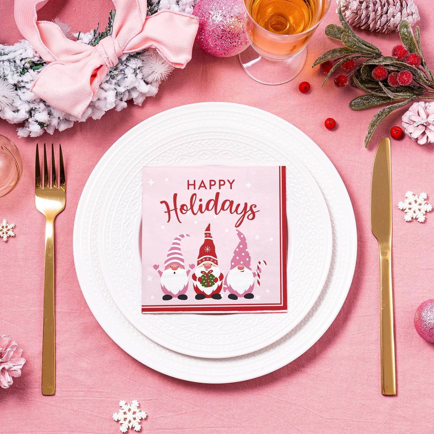 WRAPAHOLIC 50Pcs Christmas Gnomes Paper Napkins - 3-Ply Disposable Cocktail Napkin for Christmas Party Supplies Tableware, Xmas Holiday Party Decorative Towels - 5 x 5 In