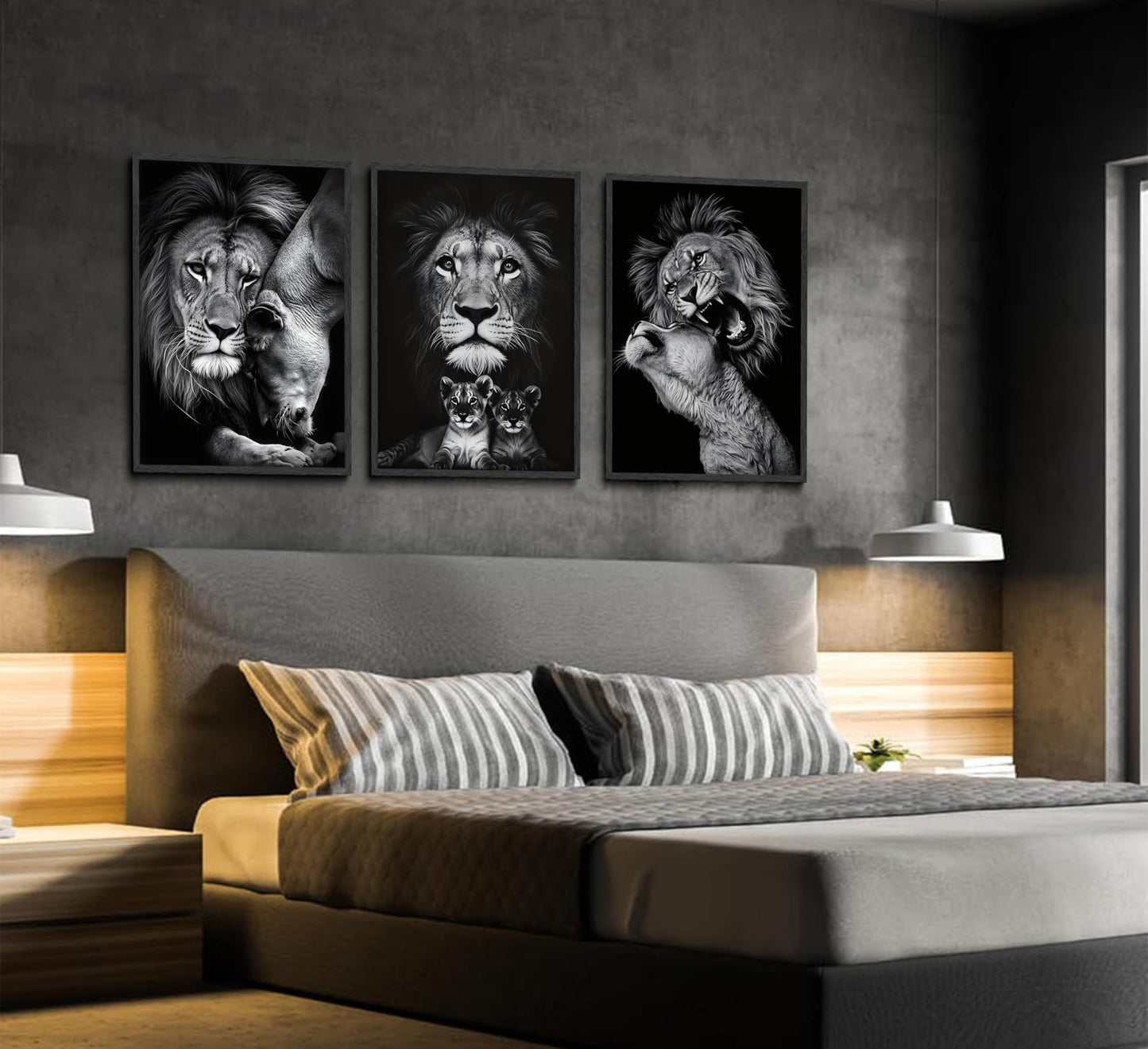 3pcs Black and White Lion Family Triptych Wall Art Canvas Paintings Animal Posters Prints Pictures Wall Decor for Bedroom Living Room Office Decoration Unframed