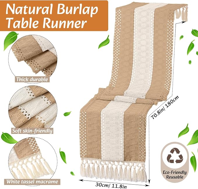 6 Sets Boho Decoration Placemats Round Woven Placemats, Cloth Napkins, Wood Bead Napkin Rings, Long Table Runner and Farmhouse Burlap Cotton for Table Kitchen (Neutral,12x72)