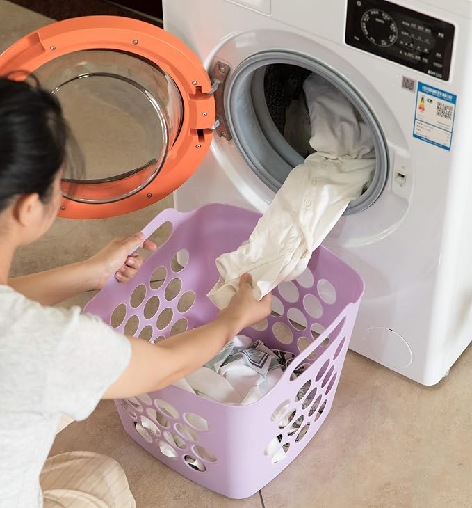 Flexible Plastic Carry Laundry Basket Holder Square Storage Hamper with Side Handles, Purple Set of 3