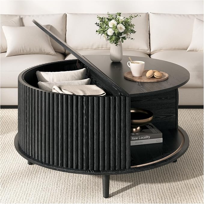JOINICE,Black Round Coffee Table with Storage, 31.5" Fluted Center Table with Sliding Door, Modern Circle Drum Accent Table for Living Room, Sleek Wood Furniture for Small Spaces & Apartments