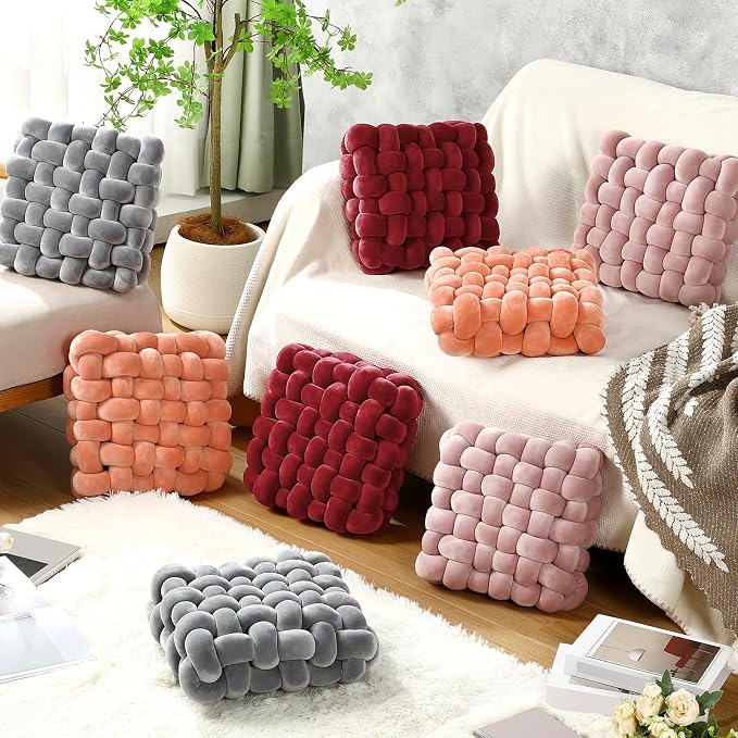 Wenqik 2 Pcs Knot Pillows Square Knotted Plush Throws Soft Accent Pillows Decoration Cushion for Couch Home Office Living Room Bedroom Bed Sofa Decor, 12'' x 13''(Burgundy,Crystal Velvet)