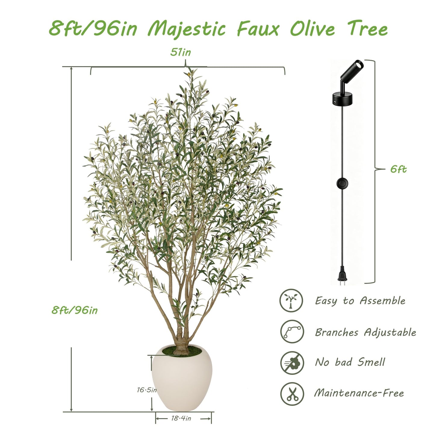 Nafresh 8FT Large Faux Olive Tree with 18.4''Wx16.5''H White Planter & Warm White Spotlight, Olive Trees Artificial Indoor with Multi Branches, Fake Olive Tree for Indoor Outdoor Home Office Decor