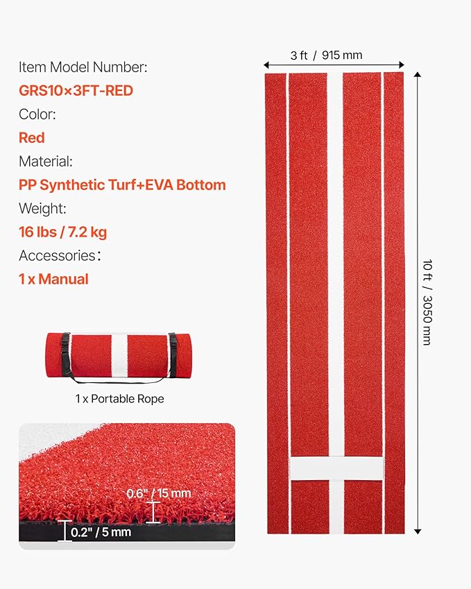 VEVOR 10x3ft Softball/Baseball Pitching Mat with Rubber Mound - Anti-Fade Turf & Anti-Slip Foam Backing, Portable Fastpitch Training Aid for Indoor/Outdoor Practice (Red/Green)