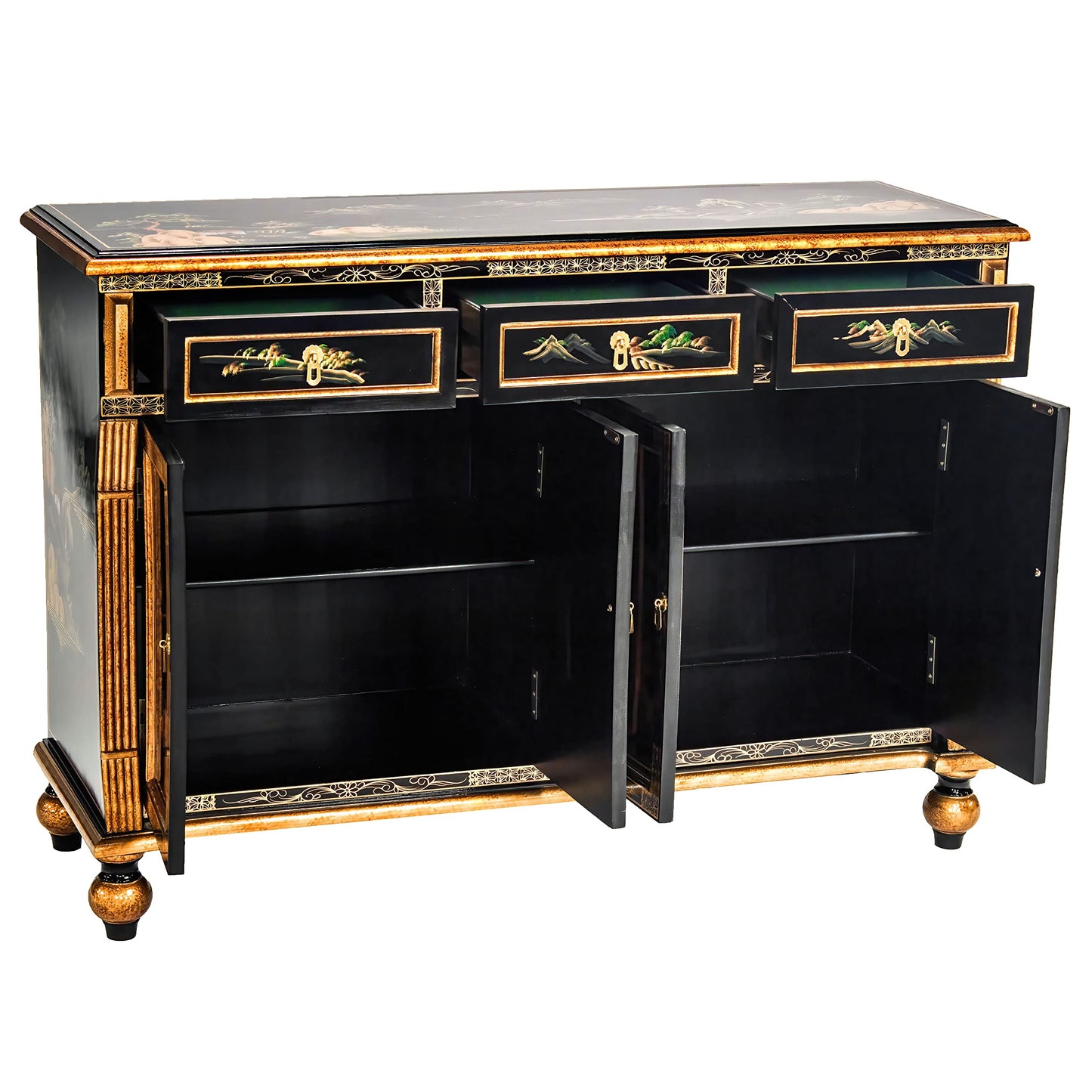 Red Lantern Artisan Crafted Black Lacquer Sideboard - Landscape