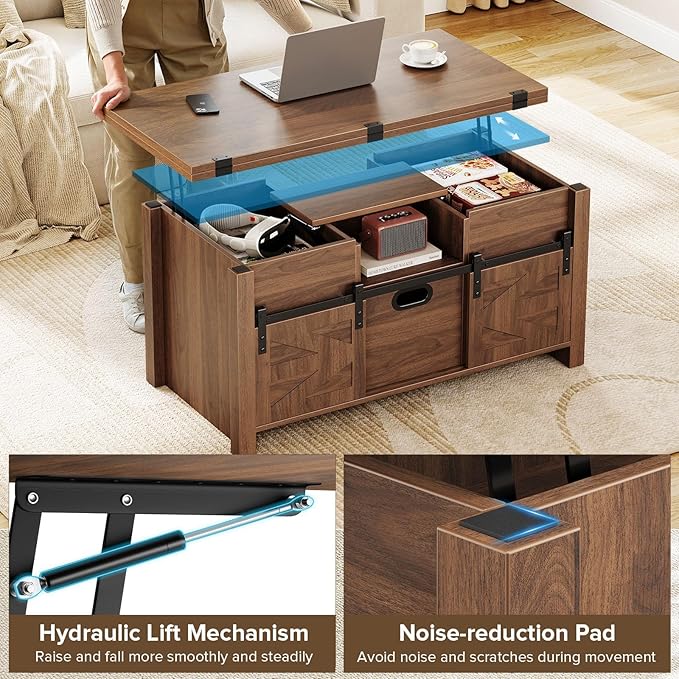 Memobarco 40" Farmhouse Lift Top Coffee Table with Sliding Barn Door,4 in 1 Multi-Function Coffee Tables with Storage Drawers & Hidden Compartment,Converts to Dining Table for Living Room,Walnut