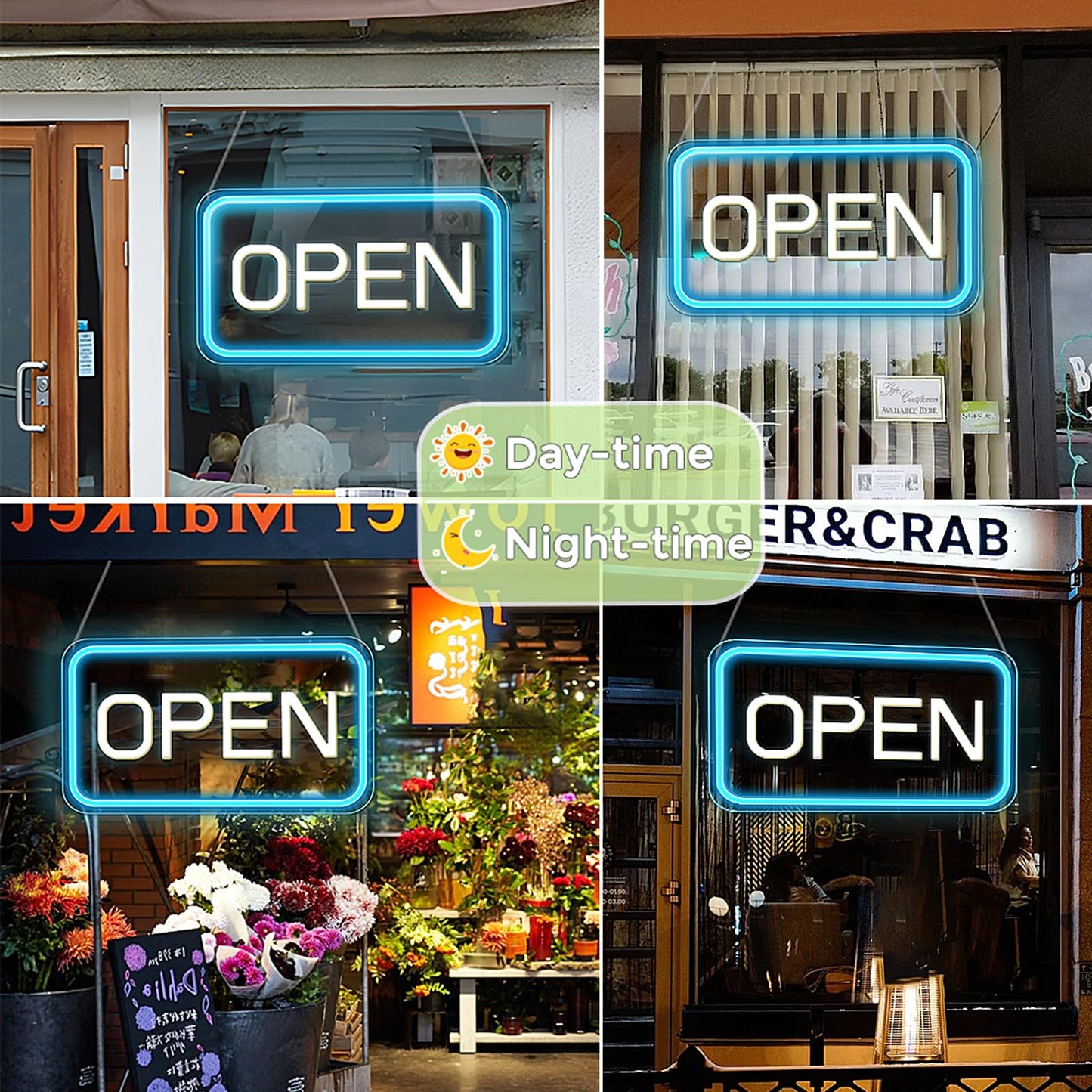 ROLANCHE Open Signs for Business Window, 16"x 9" Neon Open Sign, Bright COB Chip LED Open Sign with ON/OFF Switch & USB Plug, Ice Blue & White Open Light Up Sign for Wall, Shop, Hotel, Horizontal