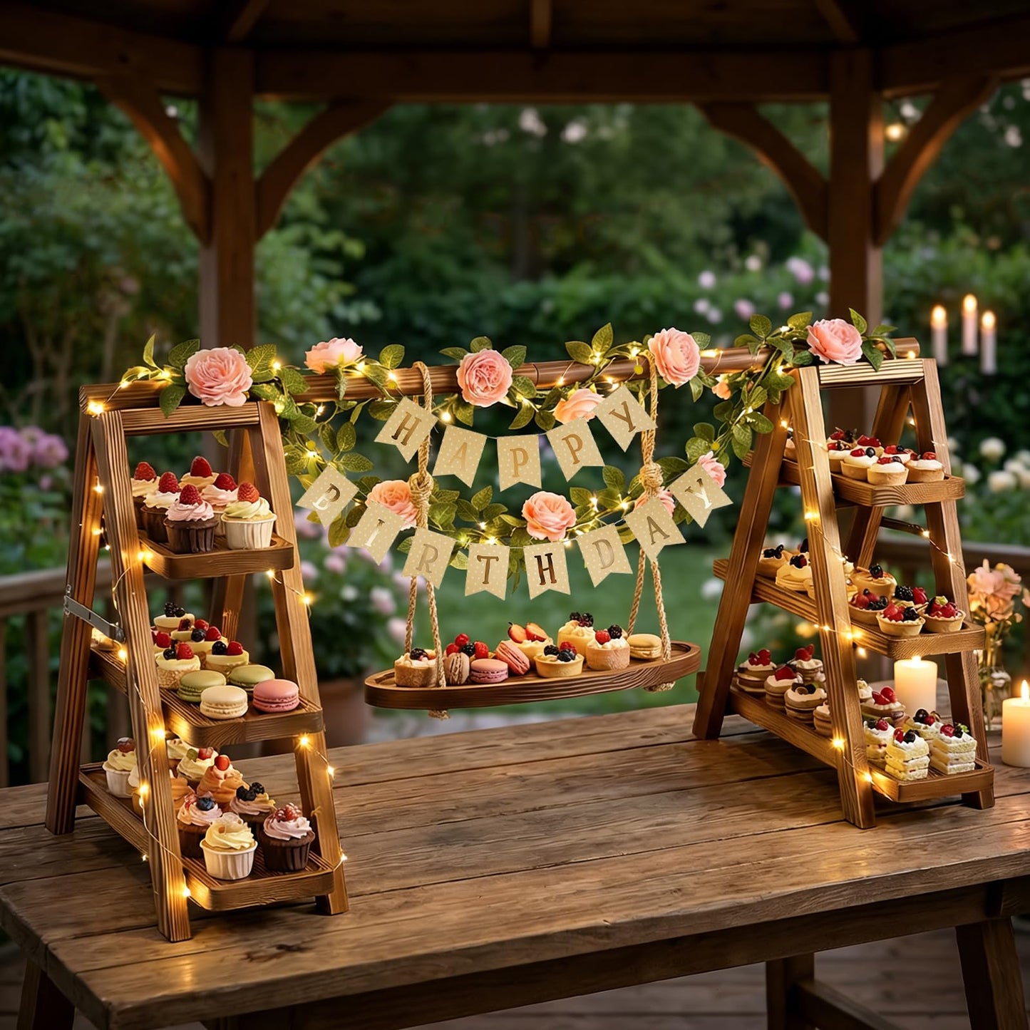 3 Tier Wooden Cupcake Stand with Swing and Flower Decoration, Dark Brown Natural Wood Dessert Swing Display Serving Set with Removable Trays, Rustic Wedding & Party Dessert Stand