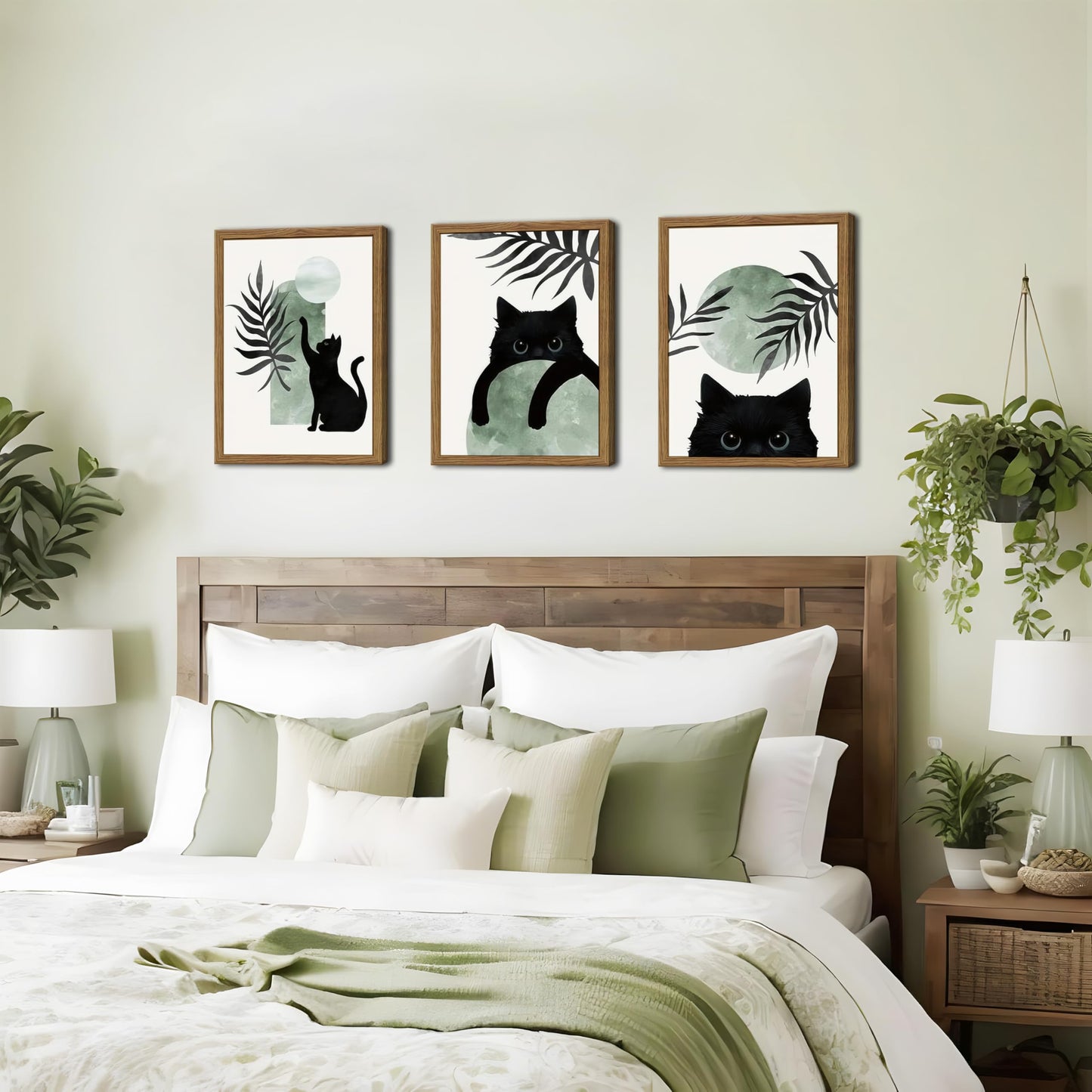 Framed Sage Green Cat Wall Art Set of 3, Natural OAK Wood Frame Boho Cute Black Cat Wall Decor Paintings, Minimalist Animal Aesthetic Canvas Posters Prints for Living Room Bedroom Bathroom 12x16In