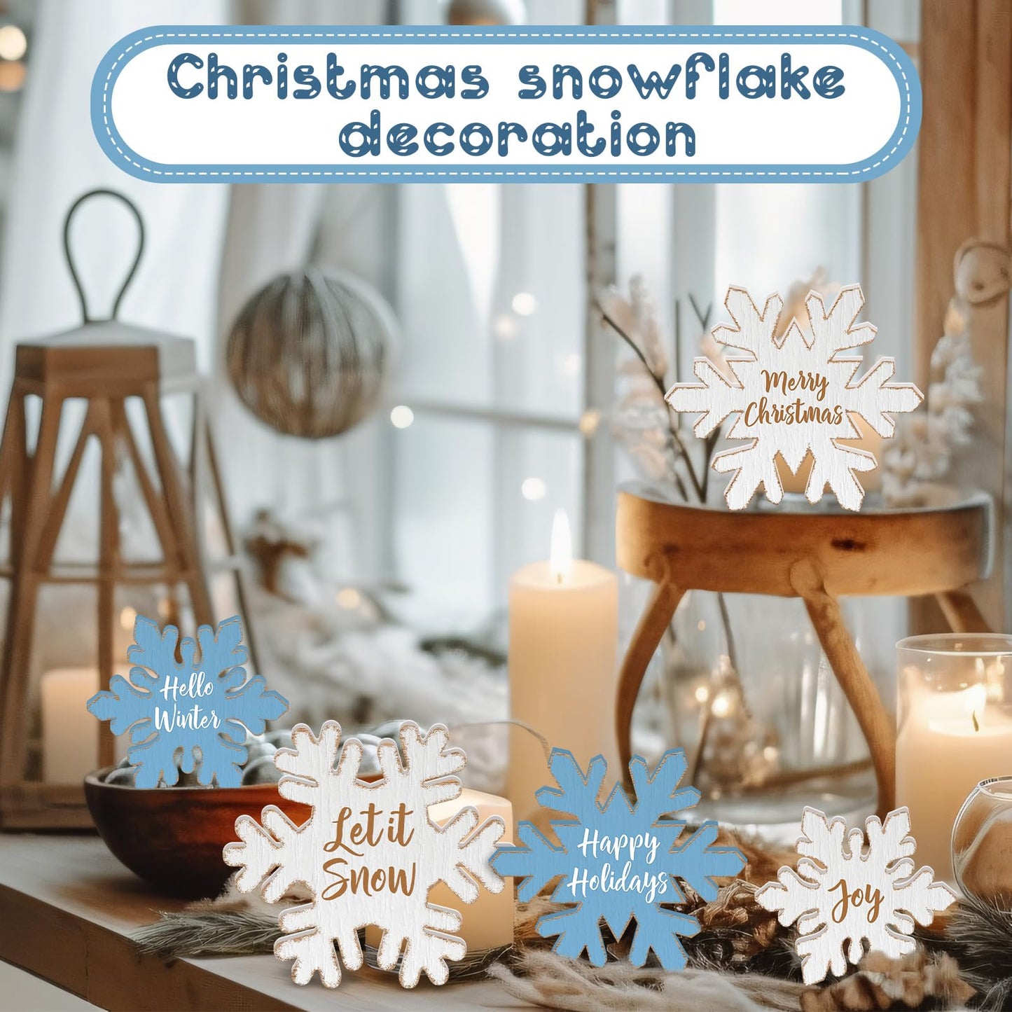 Thyle 5 Pcs Winter Wooden Snowflake Decor Rustic Winter Table Centerpiece White and Blue Wood Blocks with Heartwarming Quote Table Standing Signs for Farmhouse Fireplace Mantel Home