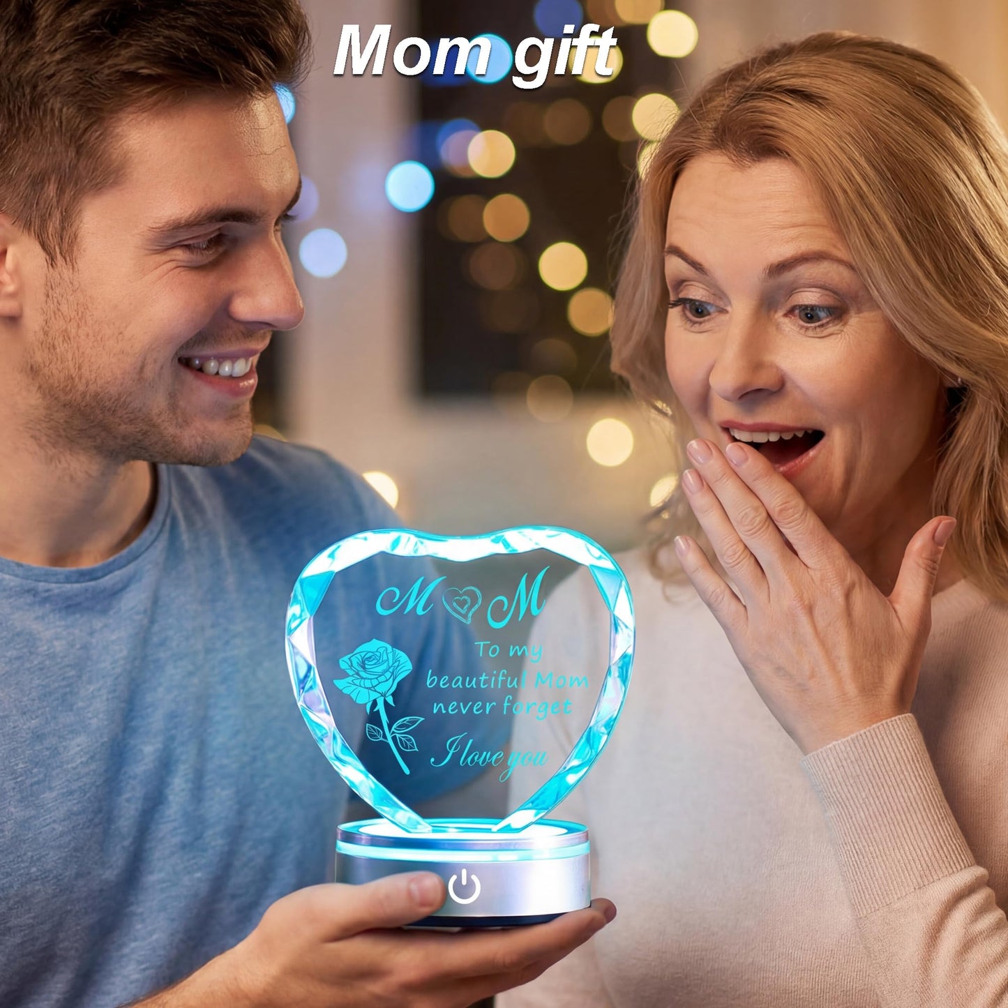 Ghtixsu Heart Shaped Crystal Plaque for Mom, Laser Engraved Gift with Color Changing LED Light Base, Mothers Day Birthday Christmas Gift from Daughter Son