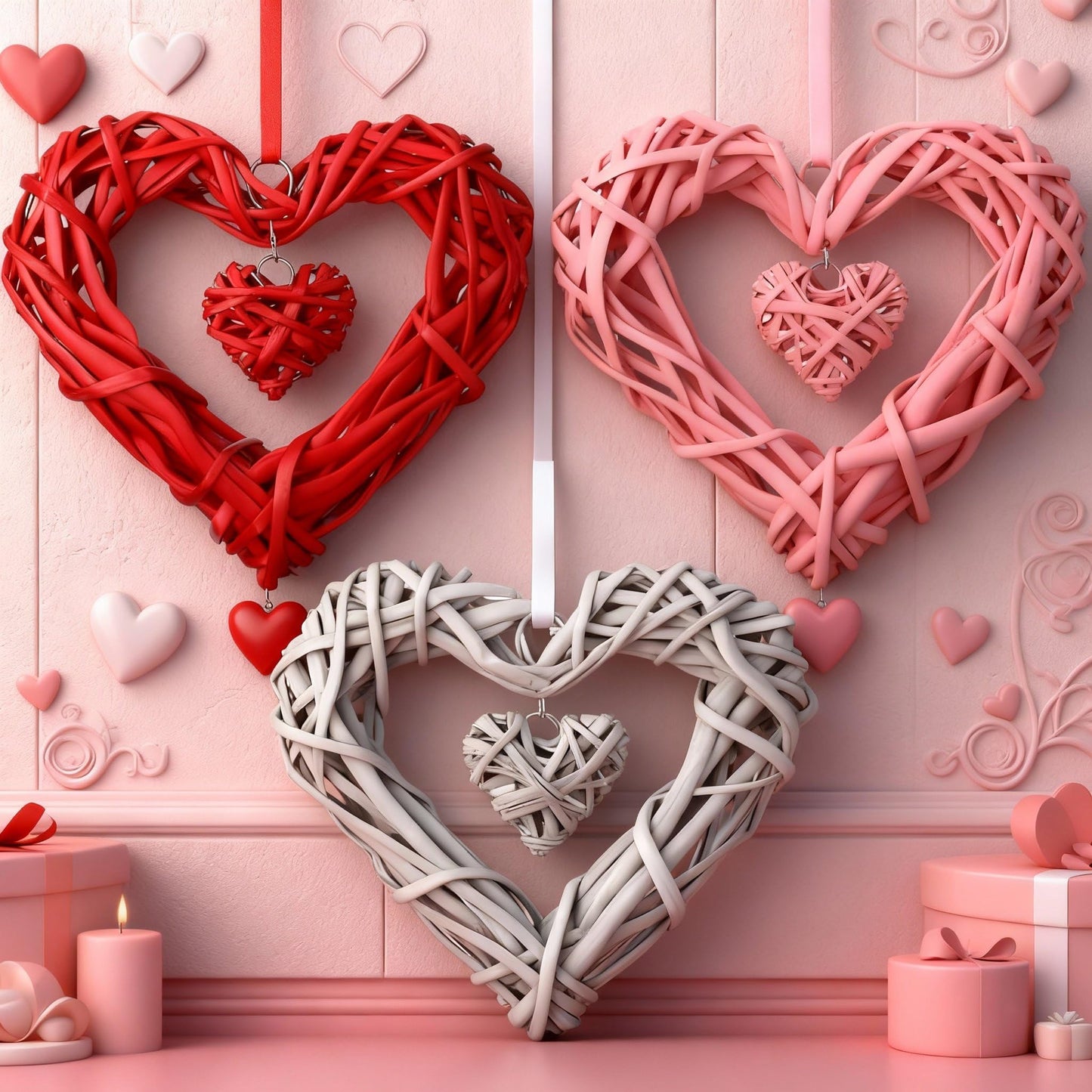 Amyhill 3 Pcs Large Valentine's Day Rattan Hearts Themed Hanging Decor Heart Shape Wicker Wreath Rustic White Pink Red Ornament for Weddings Holiday Party Home Decoration Wall Front Door Display