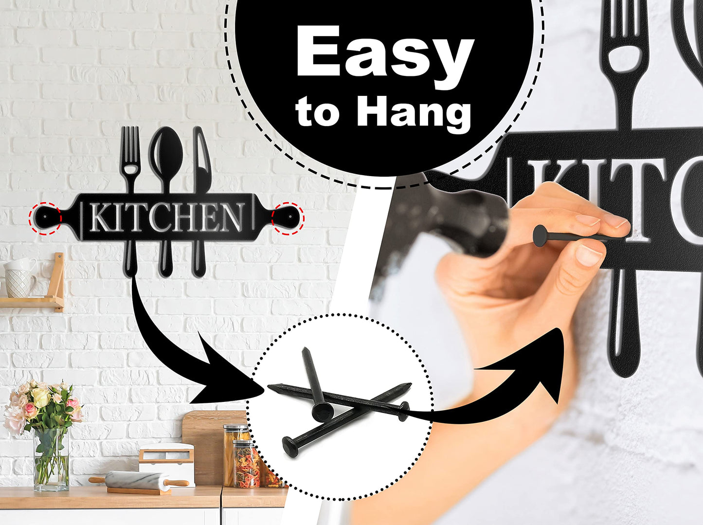 Vivegate Metal Utensil Wall Decor - Modern Black Country Sign for Kitchen and Dining Room