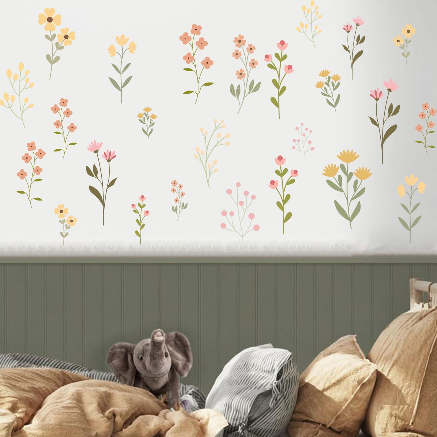 GIOGUK Flower Wildflower Wall Decal - Flower Wildflower Floral Decorations Wall Stickers, Wall Decorations for Living Room, Bedroom, Baby's Room, Nursery, Floral Sign Decal Pink Yellow Peach