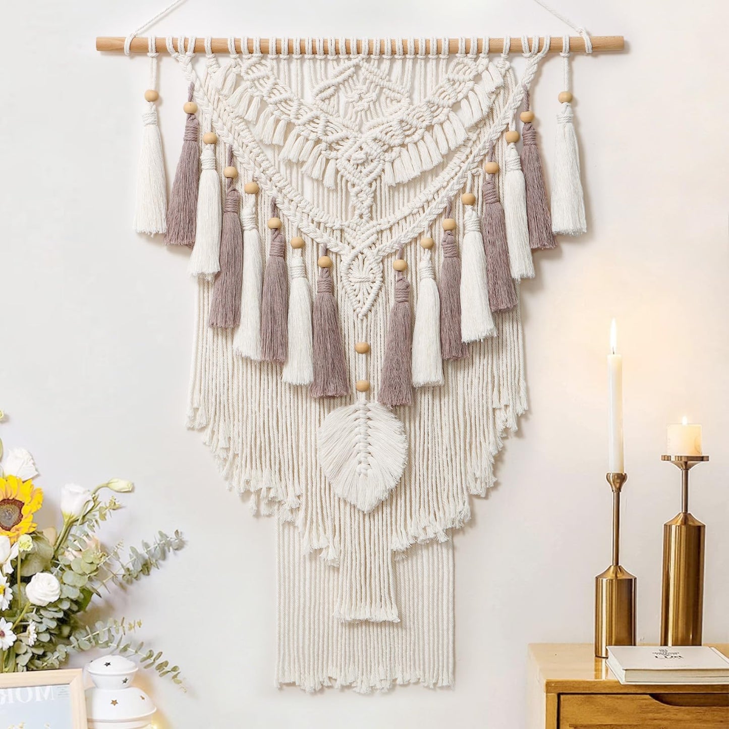 Dremisland Large Macrame Wall Hanging Woven Tapestry Beige Dusty Rose Handmade Tapestry Boho Chic Decor Large Wall Art for Home Apartment Living Room Bedroom Nursery Backdrop 37"x27.6" (Beige)