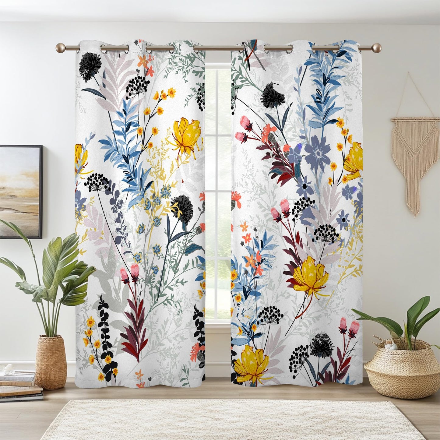 Renaiss Botanical Plants Blackout Curtains, Wild Flowers Plants Print Thermal Insulated Bedroom Window Curtains, Boho Floral Window Drapes for Living Room, 84" L x 42" W 2 Panel Set