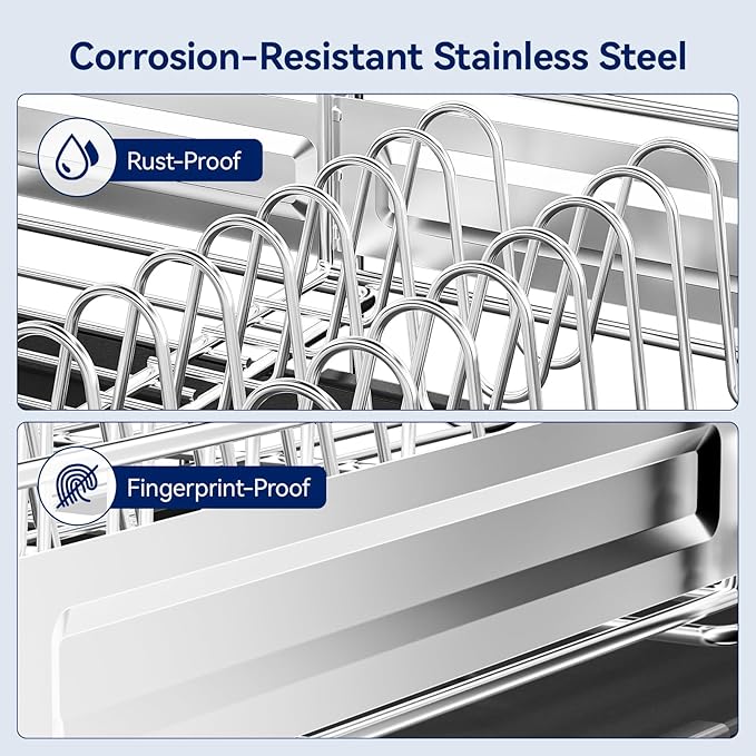 Stainless Steel Dish Drying Rack - Expandable Dish Racks for Kitchen Counter Organizer with Drain Board, Detachable Utensil & Cup Holder, Dish Drainer for Small Kitchen Counter, Black