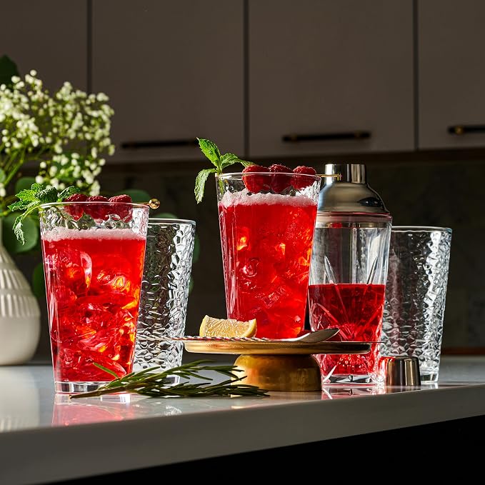 Le'raze Set of 10 Hammered Glass Cups, Clear Heavy Base Drinking Glasses | 16oz, Stackable, Durable, Dishwasher Safe, Freezer Safe, Non Slip, 100% Food Grade, BPA Free, Secure Packaging, Eco-Friendly