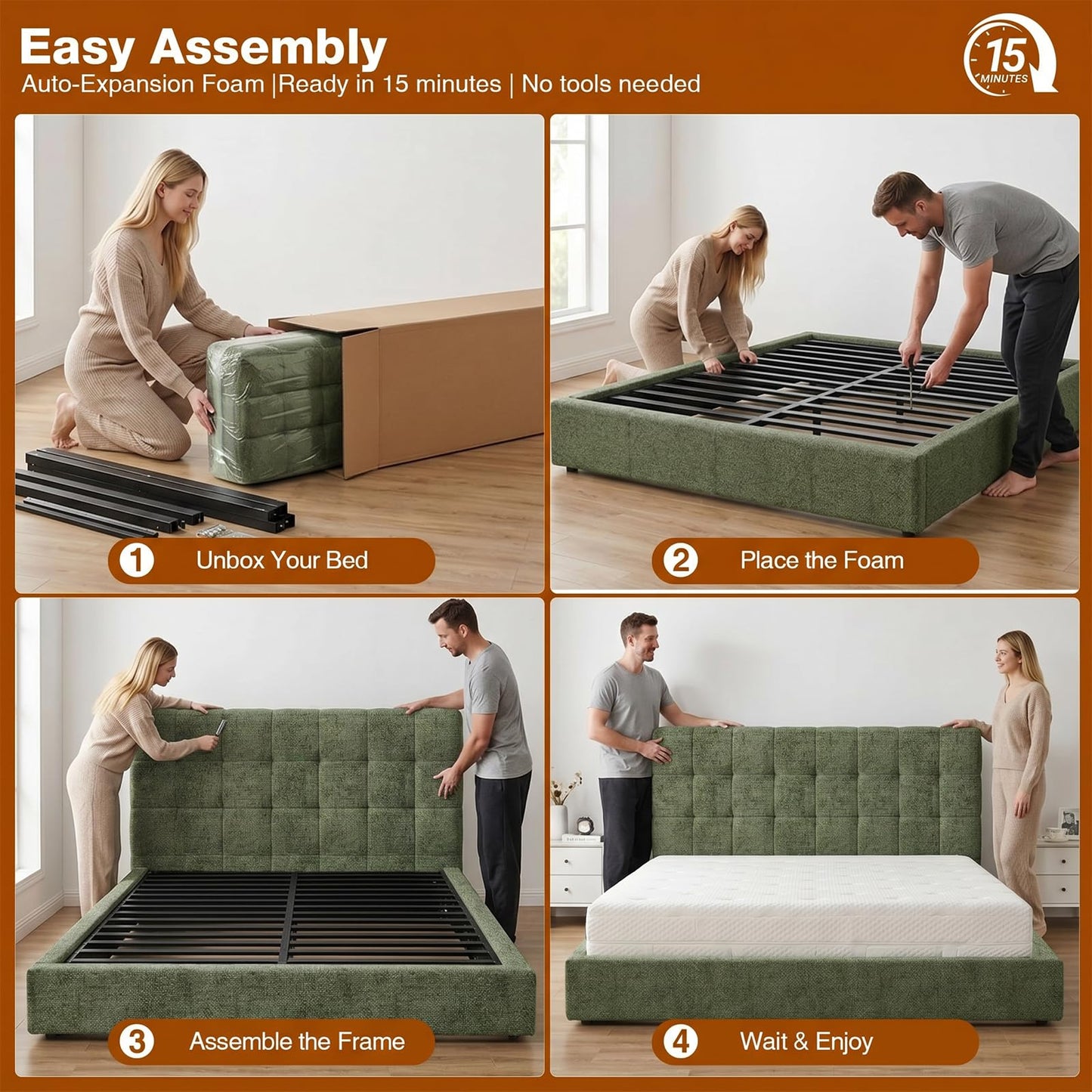 Lab Cosi Queen Cloud Bed Frame, Heavy Duty Upholstered Platform Bed with 2 Support Beams & Crossbar, 5.9" Thickened Foam for Safety, Easy Assembly, No Box Spring Needed, Exclusive Sage Green