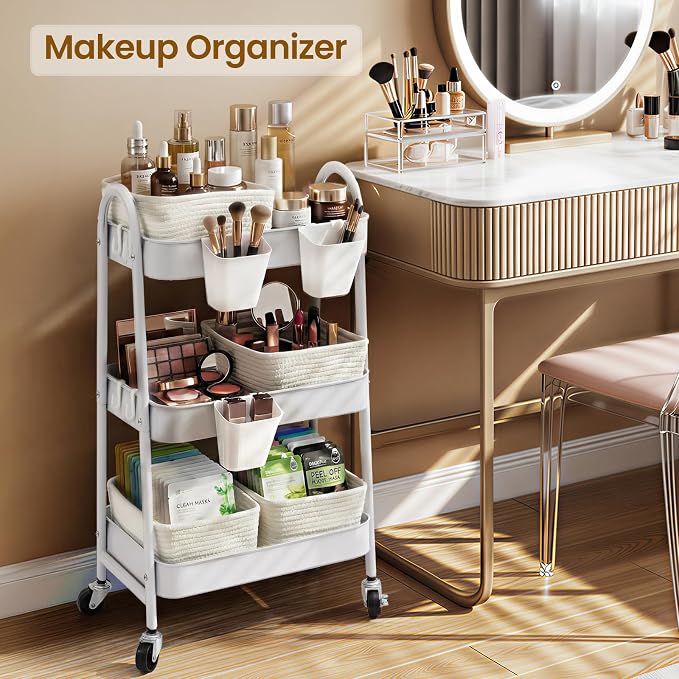 3-Tier Rolling Utility Cart with 4 Woven Baskets, Diaper Book Snack Cart, Storage Organizer for Nursery, Kitchen, Craft Room, Home SPA, Living Room, Metal Frame Trolley on Lockable Wheels, White