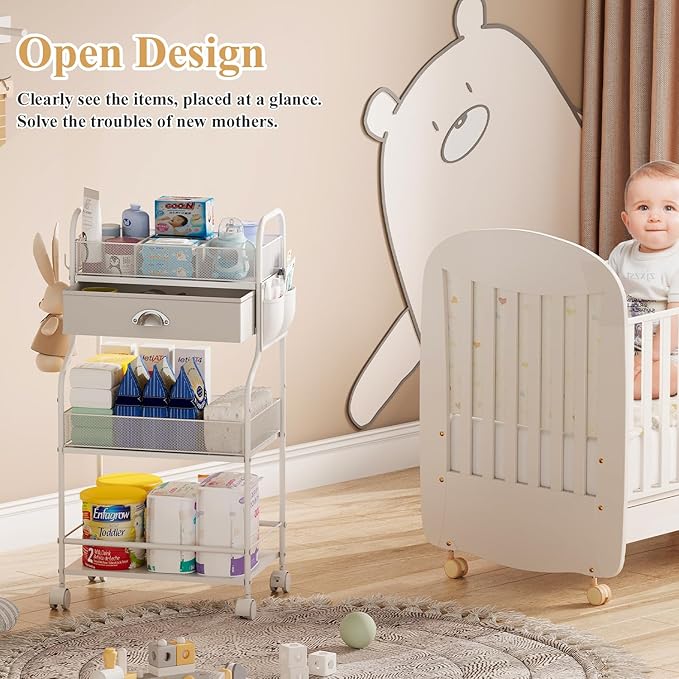 Baby Diaper Caddy Cart Organizer -3 Tier, Bedside Nursery Essentials Organizer & Storage Holder for Newborn Baby Stuff, 2+1 Dividers, 1 Drawer,Rolling Utility Cart for Bedroom,Changing Table, Crib.