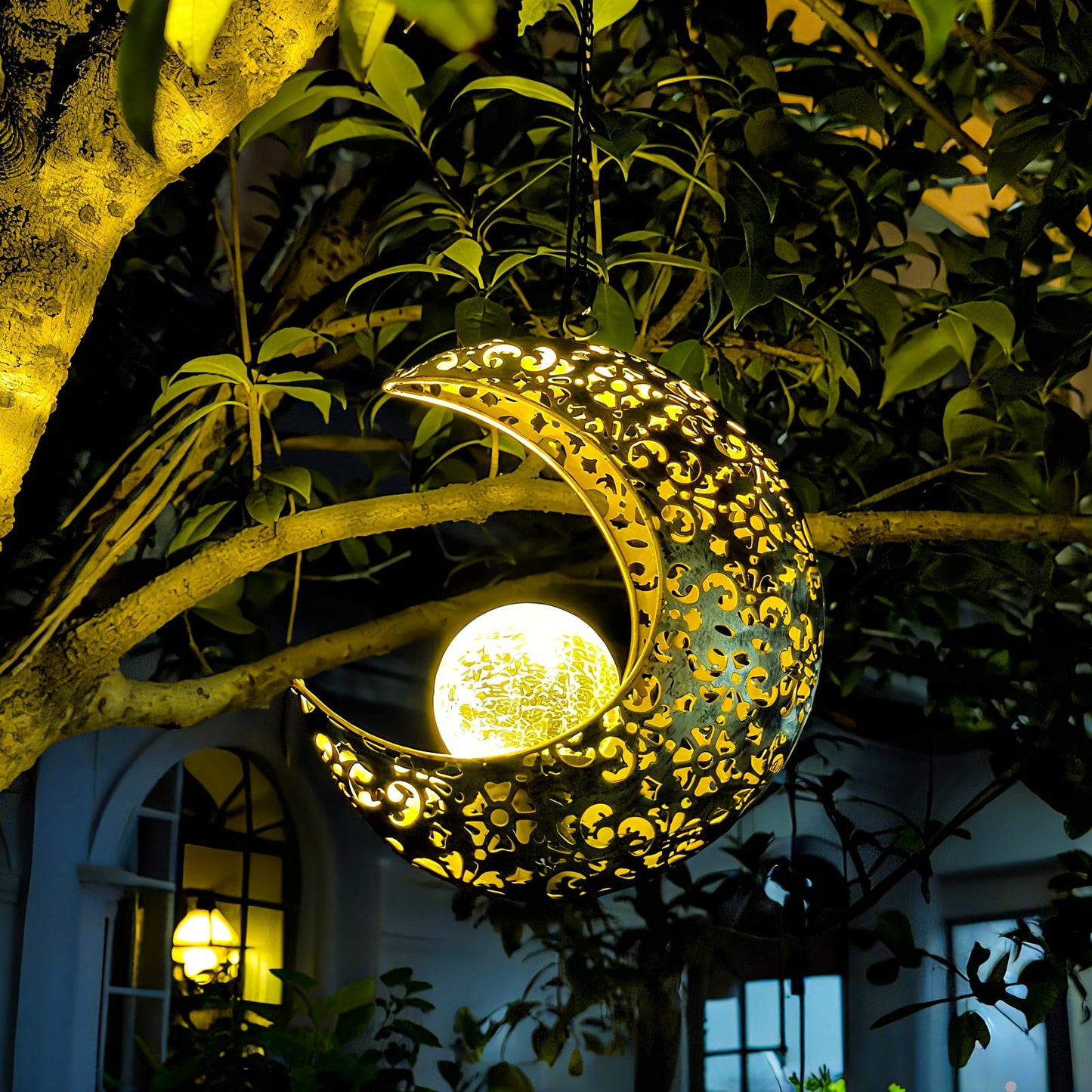 QCF Solar Garden Hanging Moon Lights Outdoor Decor,Metal Lanterns Art Decorations for Outside Yard Lawn Patio Wall Fences Driveway Trail,Unique Housewarming Gardening Gifts for Women Mom