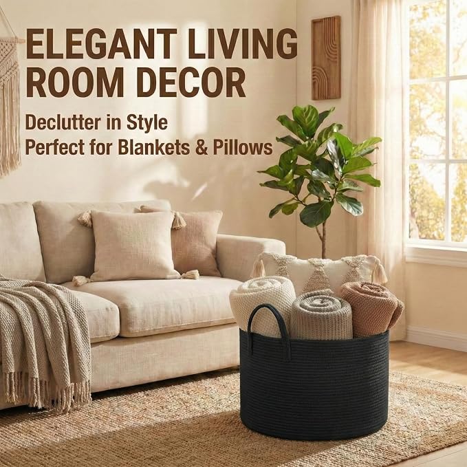 JMvicyroam 115L Extra Large Blanket Basket for Living Room - Woven Cotton Rope Laundry Hamper with Reinforced Handles - Storage Bin for Pillows, Comforters & Toys - Machine Washable,Black