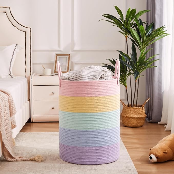 80L Extra Large Rainbow Laundry Hamper for Baby Girls Clothes Tall Woven Laundry Basket for Kids Nursery Toy in Playroom Blanket Basket for Living Room Bedroom 16"D x 22"H Pastel Unicorn