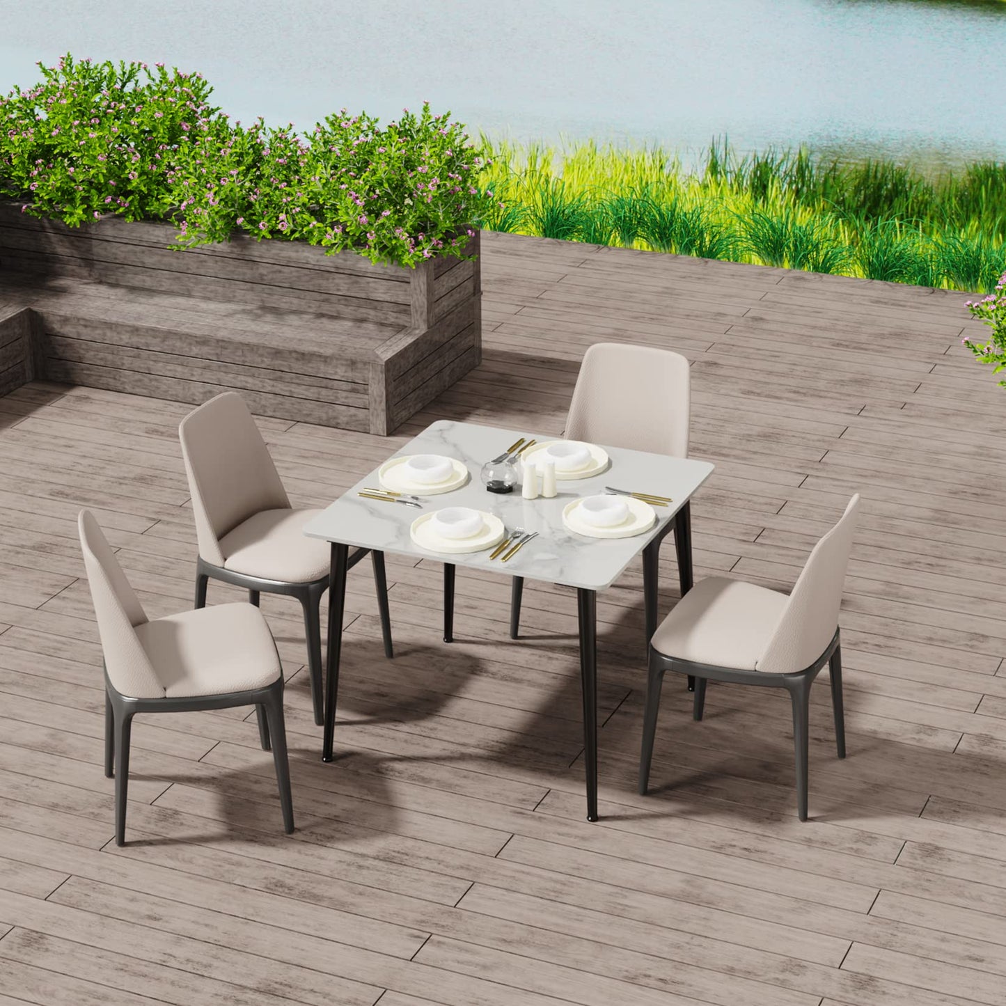 Wisfor Sintered Stone Dining Table: 32 Inch Square White Kitchen Breakfast Table with Black Metal Legs - 30 Inch High Restaurant Table for 4