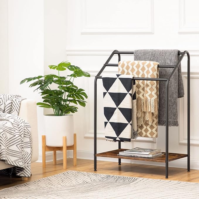 HOOBRO Freestanding Towel-Rack for Bathroom, 3 Tier Blanket Rack for Living Room, 23.6" L x 14.2" W x 33.9" H, Quilt Blanket Ladder Holder, Drying and Display Rack, Rustic Brown and Black BF63LB01
