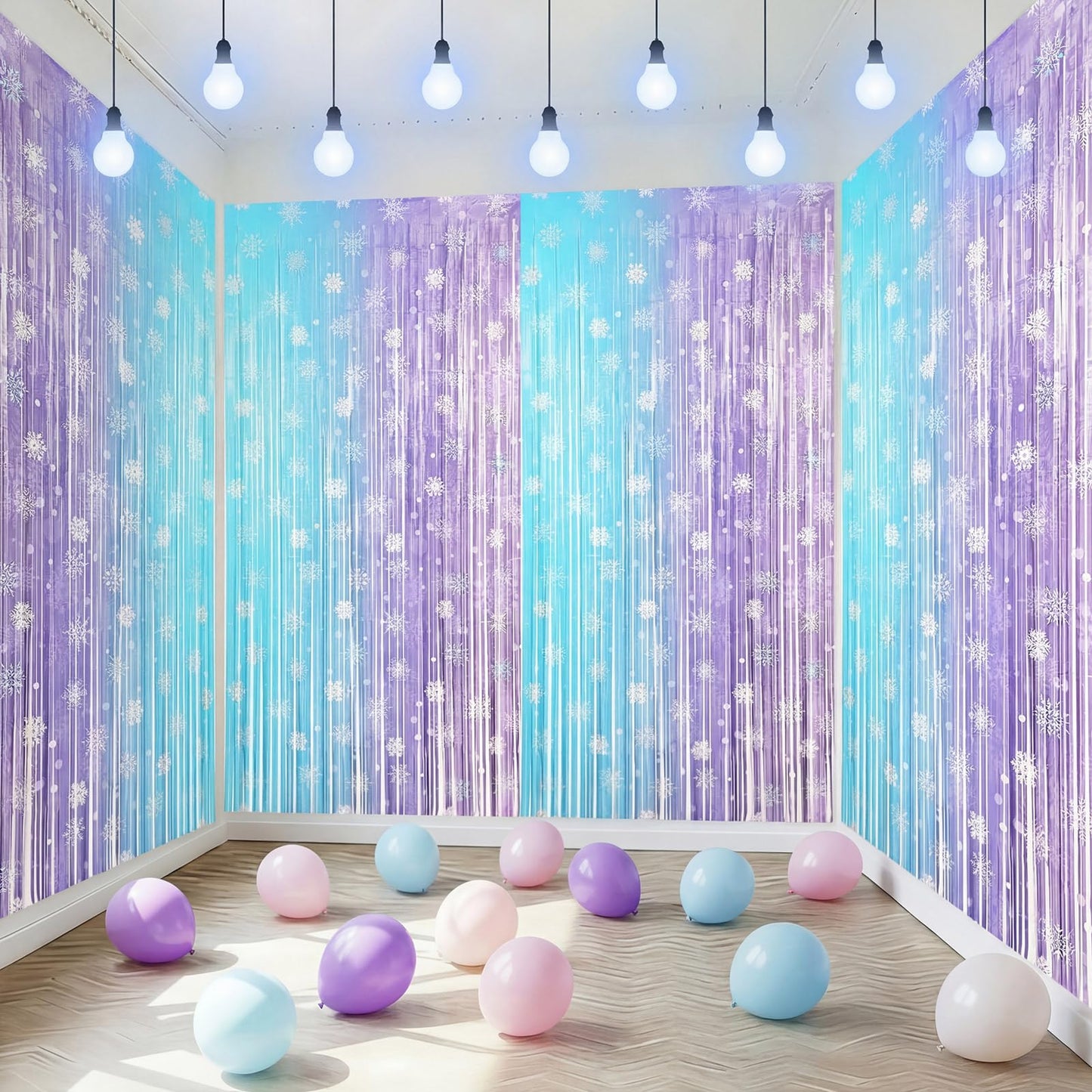 4 Pack 3.3x6.6 Ft Winter Princess Birthday Party Decorations Snowflake Backdrop Tinsel Foil Fringe Curtains Ice and Snow Birthday Party Supplies Snowflake Photo Booth Prop Backdrop Streamer