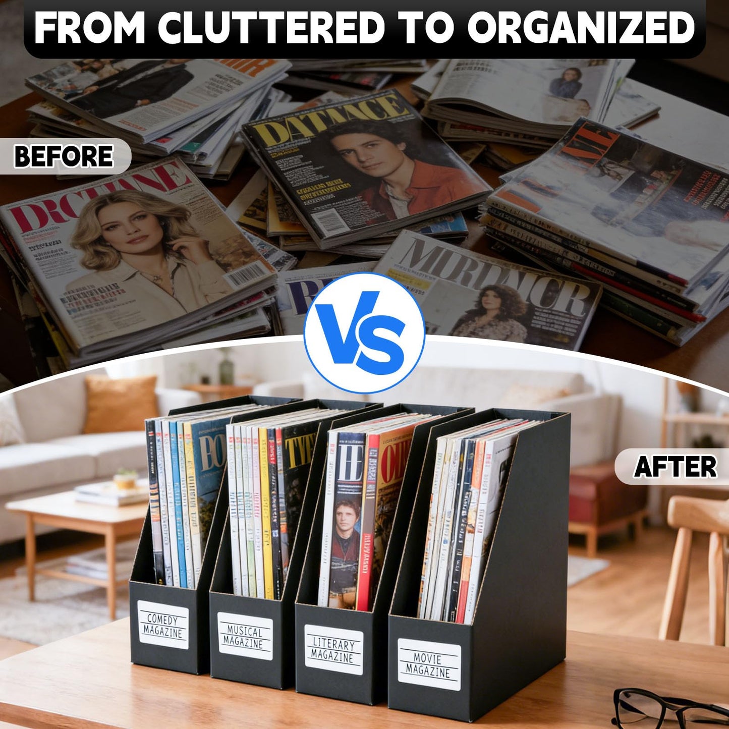 YOTINO Black Magazine Holder, 6 Pack Cardboard Magazine File Holders, Vertical Desktop File Holder Organizer, Sturdy Magazine Rack for Office, Home and Classroom