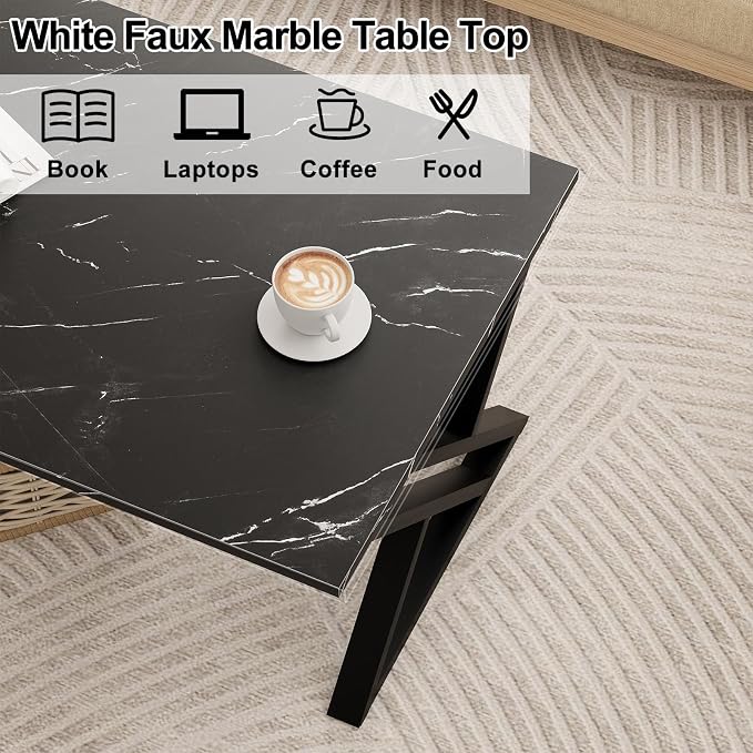 Wolawu Coffee Table Living Room Table Black Center Table, Simple Modern Faux Marble Rectangular Tea Table with Sturdy Black-Finished Metal Frame,Industrial Wooden Coffee Table for Bedroom Home Office