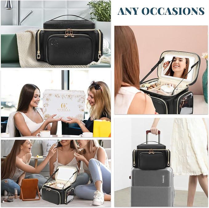 Large Makeup Bag with LED Mirror, Travel Makeup Bag Organizer for Women Girls with Makeup Brush Compartment & Two Side Pockets, 3 Color Lights Cosmetic Toiletry Bag- Leather Black