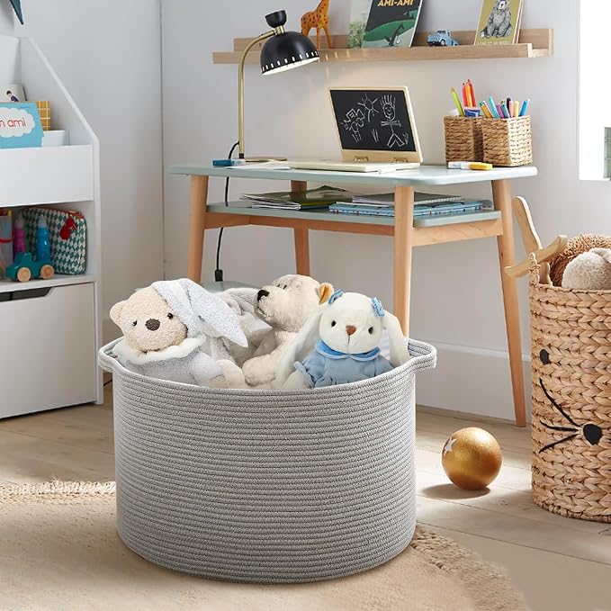 MEGASKET Extra Large Grey Storage Basket, 22" X 22" X 14" XXXL Blanket Basket for Living Room, Gray Wicker Woven Cotton Rope Baskets for Storage, Kids Toy Baskets Bins, Decorative Pillow Towel Basket