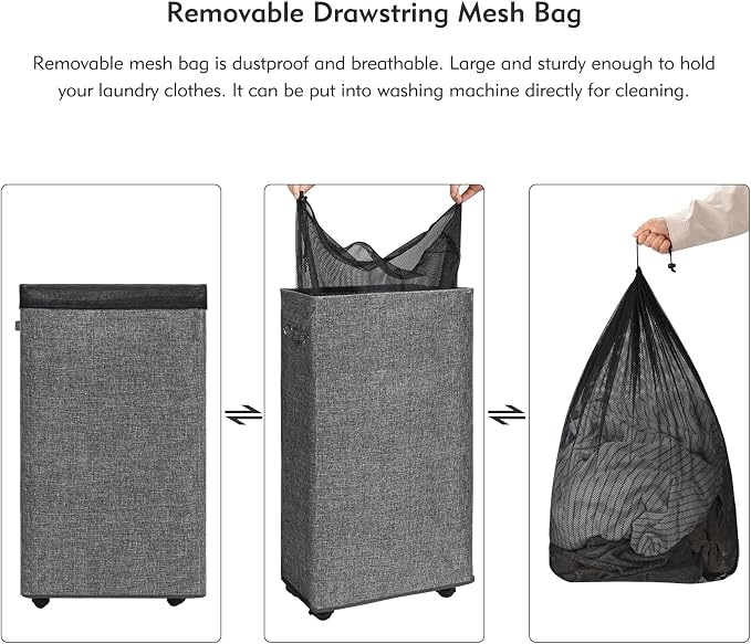 DOKEHOM 29-Inches Enlarged Slim Laundry Basket with Removable Wash Bag on Wheels, Collapsible Rolling Laundry Hamper, Foldable Narrow Corner Clothes Storage Bins (Linen Grey)