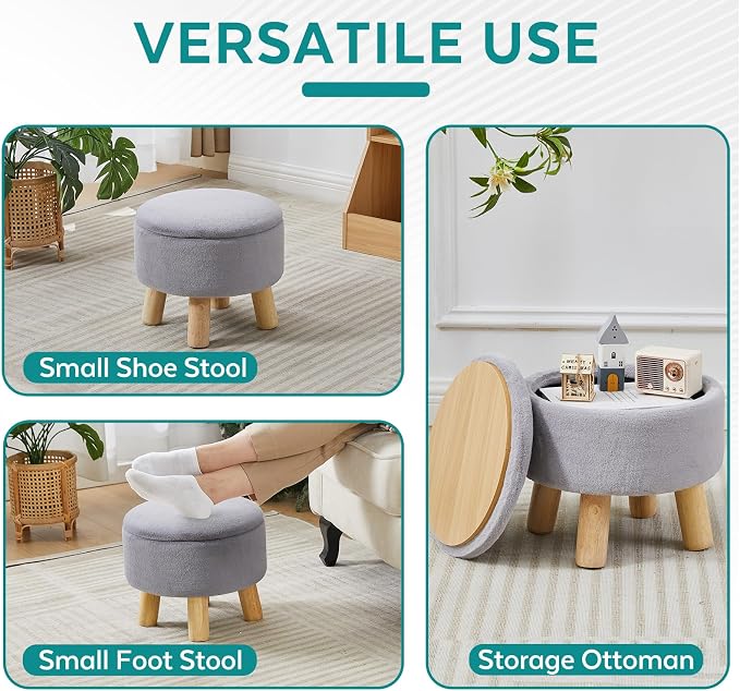 Small Foot Stool Ottoman with Storage, Soft Faux Fur Ottoman Foot Rest for Couch, Round Footstool with Storage, Small Ottomans and Footstools for Living Room and Entryway (Gray)