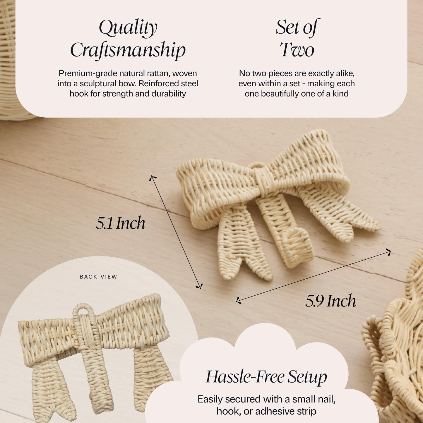 BEBE BASK Handwoven Rattan Bow Wall Hooks Set of Two (5.9 × 5.1 in) – Decorative Wall Hooks, Bow Decor for Girl’s Room & Nursery Decor